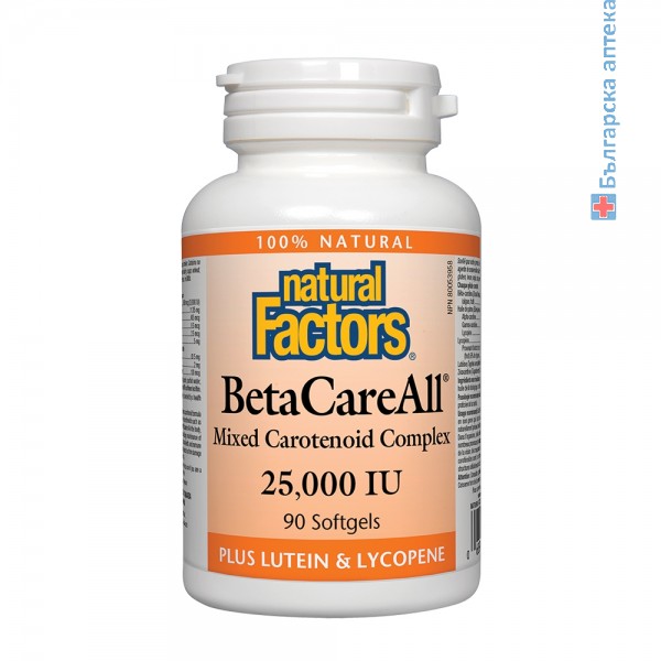 betacareall, natural factors, 25000 IU, бета каротин, каротеноиди, ликопен, лутеин, витамин а за очи, зрение, антиоксидант бета каротин, витамин а капсули, бета каротин капсули