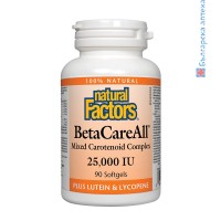 betacareall, natural factors, 25000 IU, бета каротин, каротеноиди, ликопен, лутеин, витамин а за очи, зрение, антиоксидант бета каротин, витамин а капсули, бета каротин капсули