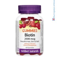 биотин, гъми, webber naturals, biotin, коса, кожа, нокти, витамин в, метаболизъм, дъвчащи таблетки, плодов вкус, желирани