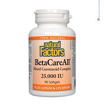 betacareall, natural factors, 25000 IU, бета каротин, каротеноиди, ликопен, лутеин, витамин а за очи, зрение, антиоксидант бета каротин, витамин а капсули, бета каротин капсули